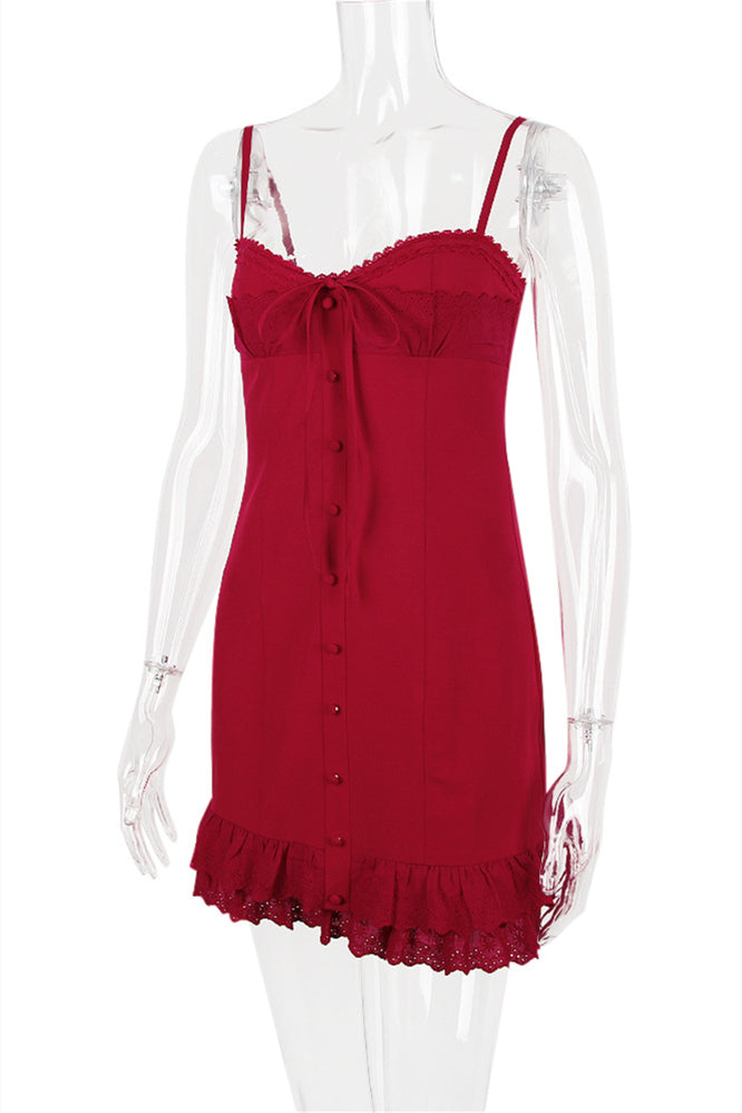 
                      
                        Red Button Front Tiered Short Dress with Embroidery
                      
                    