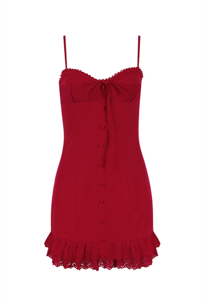 Red Button Front Tiered Short Dress with Embroidery