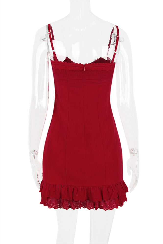 
                      
                        Red Button Front Tiered Short Dress with Embroidery
                      
                    