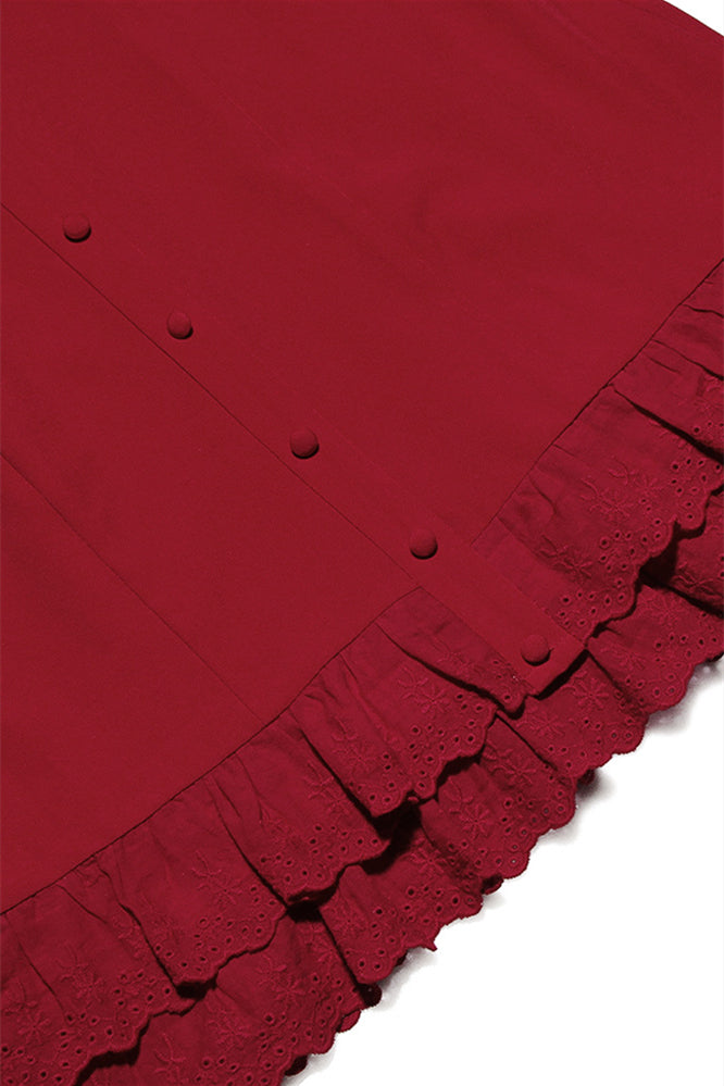 
                      
                        Red Button Front Tiered Short Dress with Embroidery
                      
                    