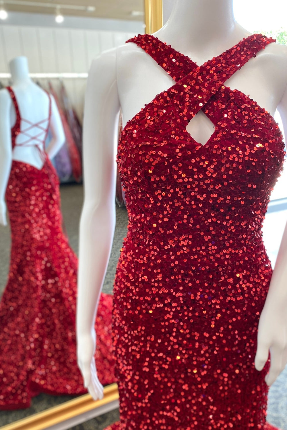 Red Cross Front Sequin Mermaid Long Formal Dress