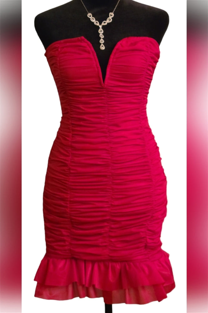 Red Ruched Ruffles Bodycon Short Party Dress