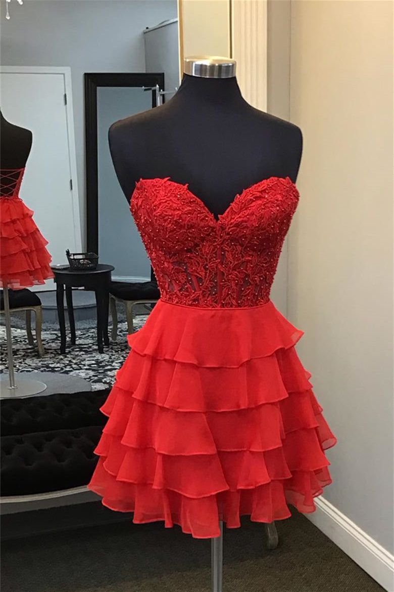 Red Sweetheart Ruffles Short Chiffon Dress