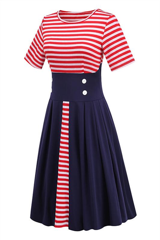 
                      
                        Red and White Stripes Button Pleated Vintage Dress
                      
                    