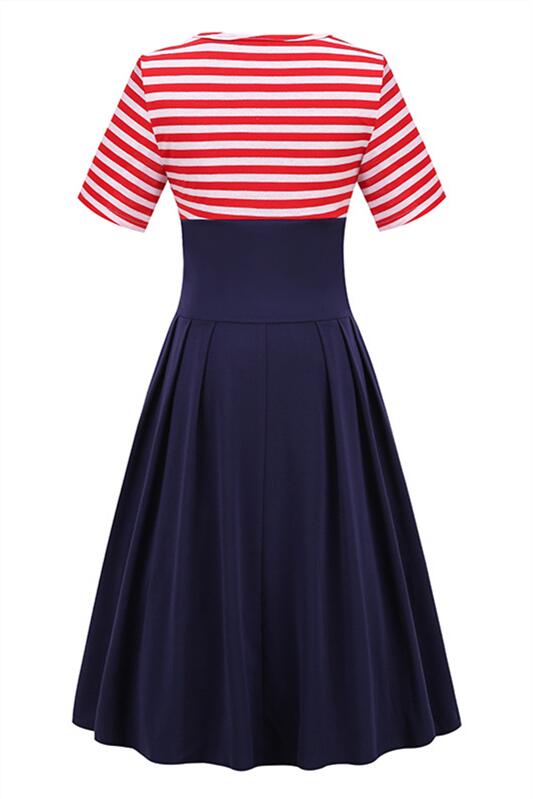 Red and White Stripes Button Pleated Vintage Dress