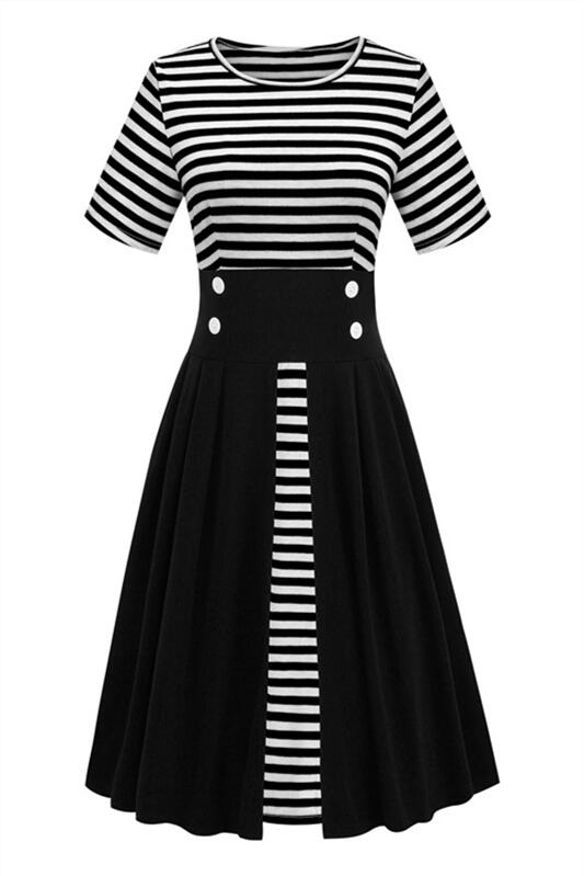 Red and White Stripes Button Pleated Vintage Dress