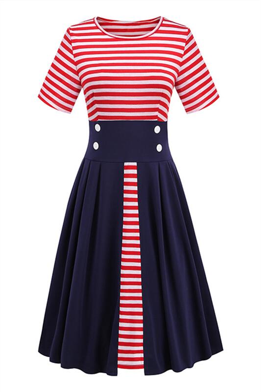 Red and White Stripes Button Pleated Vintage Dress