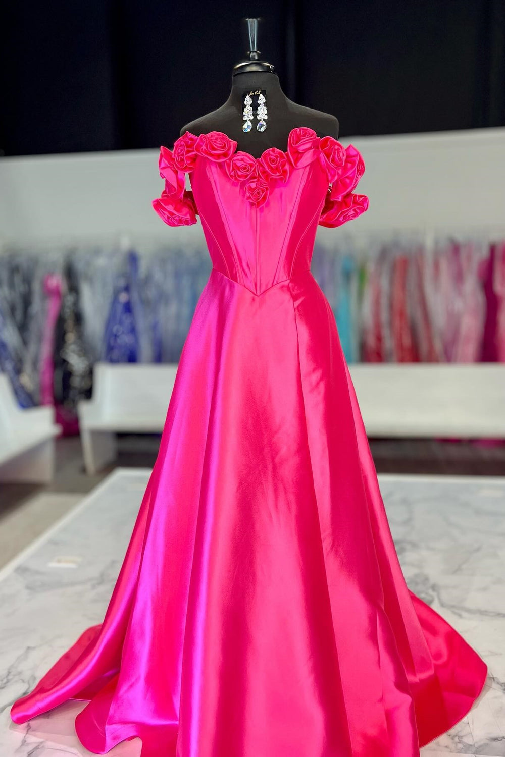 Rosette Off the Shoulder Fuchsia Long Dress with Slit