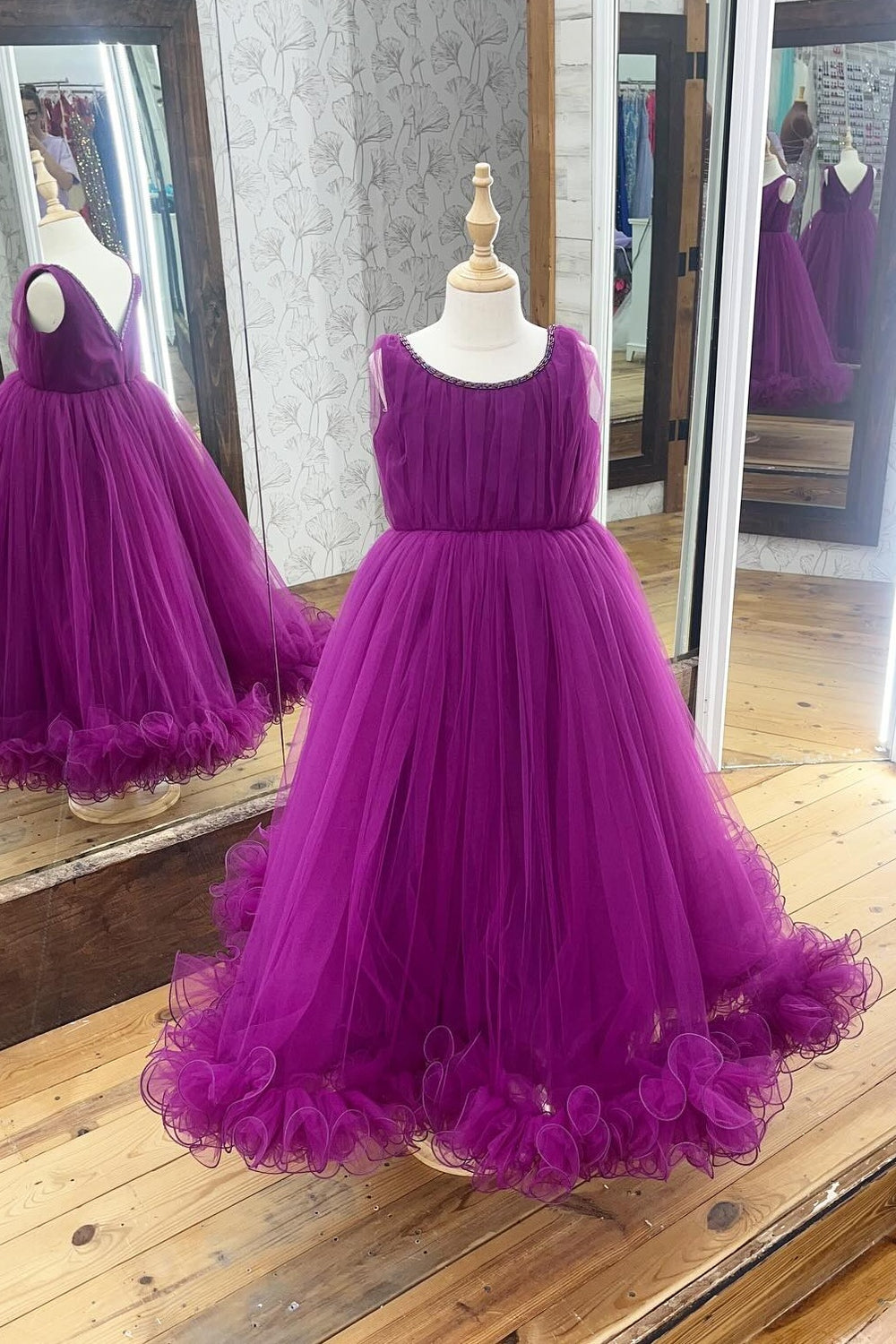 Round Neck Purple Ruffled Hem Girl Pageant Dress