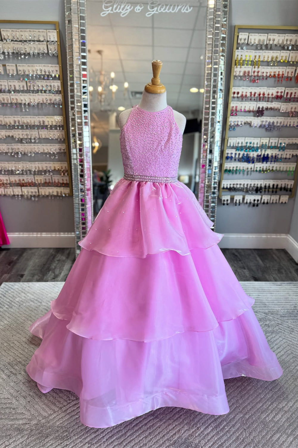 Round Neck Pink Tiered Girl Pageant Dress with Beaded