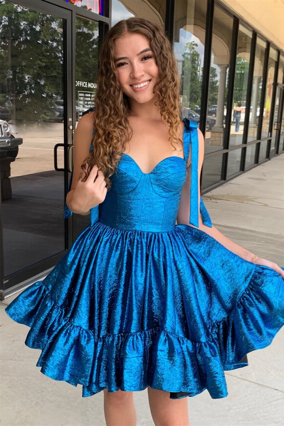Royal Blue A-line Short Dress with Bow Tie – PollyBoutique