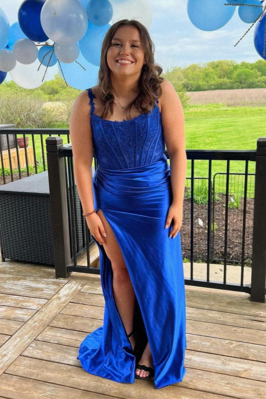 Royal Blue Appliques Ruched Long Dress with Slit – PollyBoutique