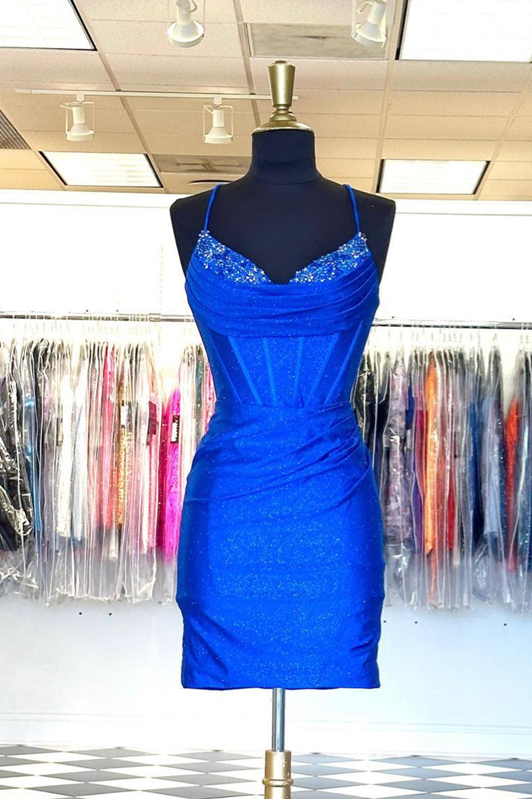 Royal Blue Beaded Pleated Bodycon Short Dress