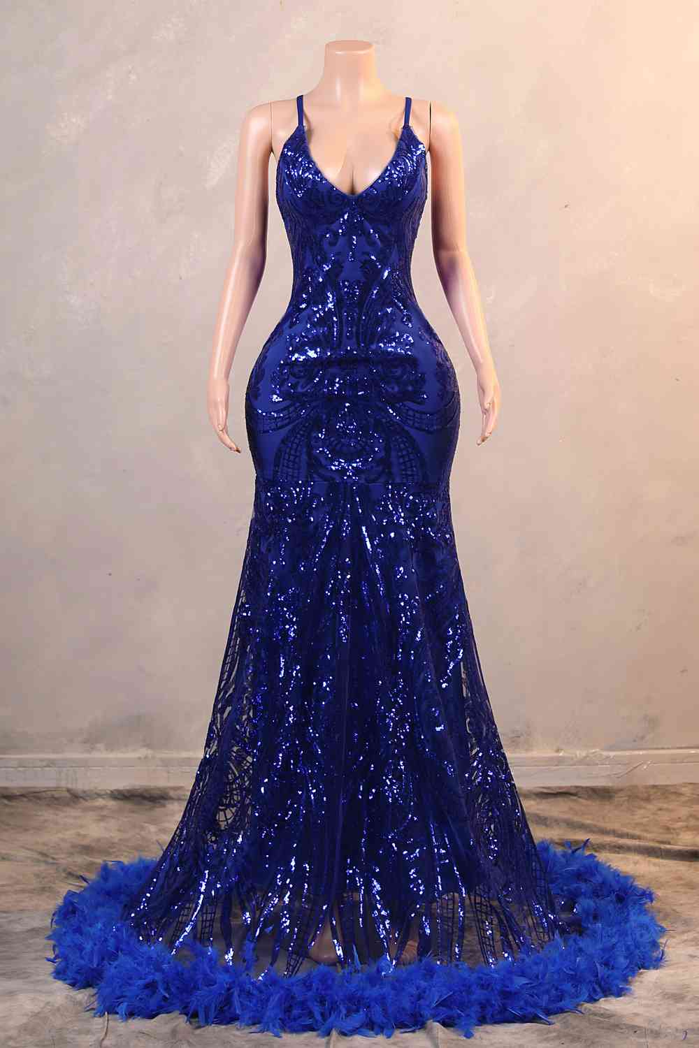 Royal Blue Sequin Mermaid Long Dress with Feather