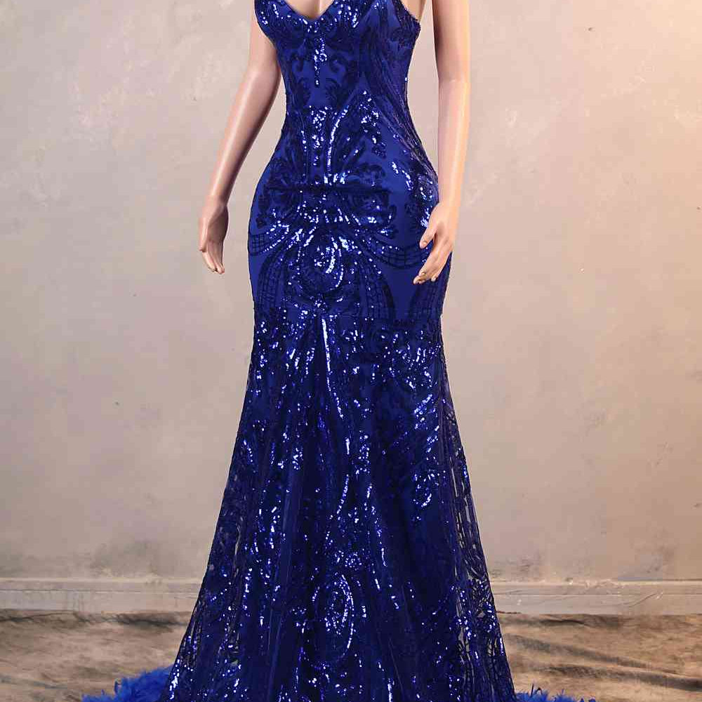 
                      
                        Royal Blue Sequin Mermaid Long Dress with Feather
                      
                    