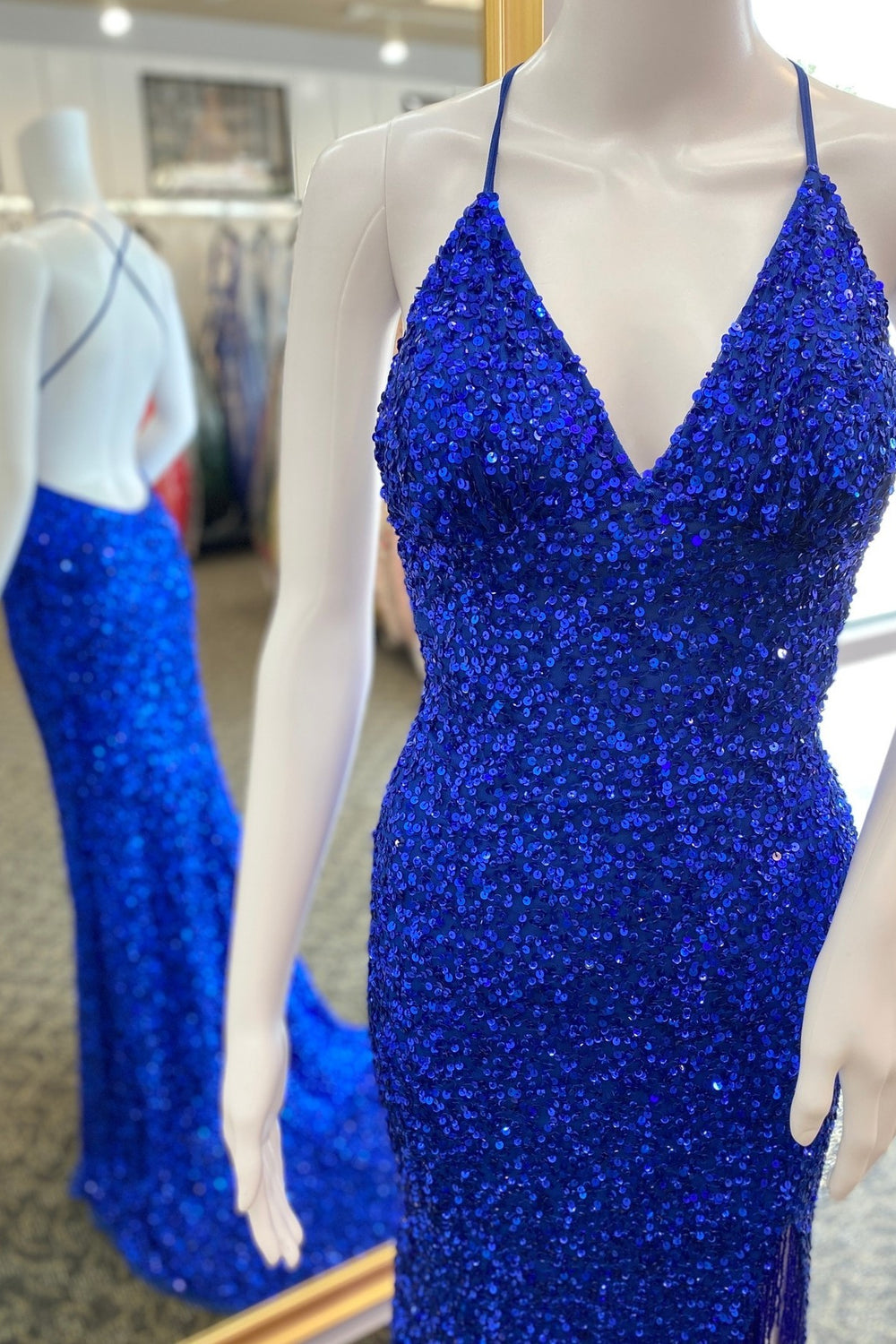 Royal Blue Sequin Tassels Mermaid Long Dress