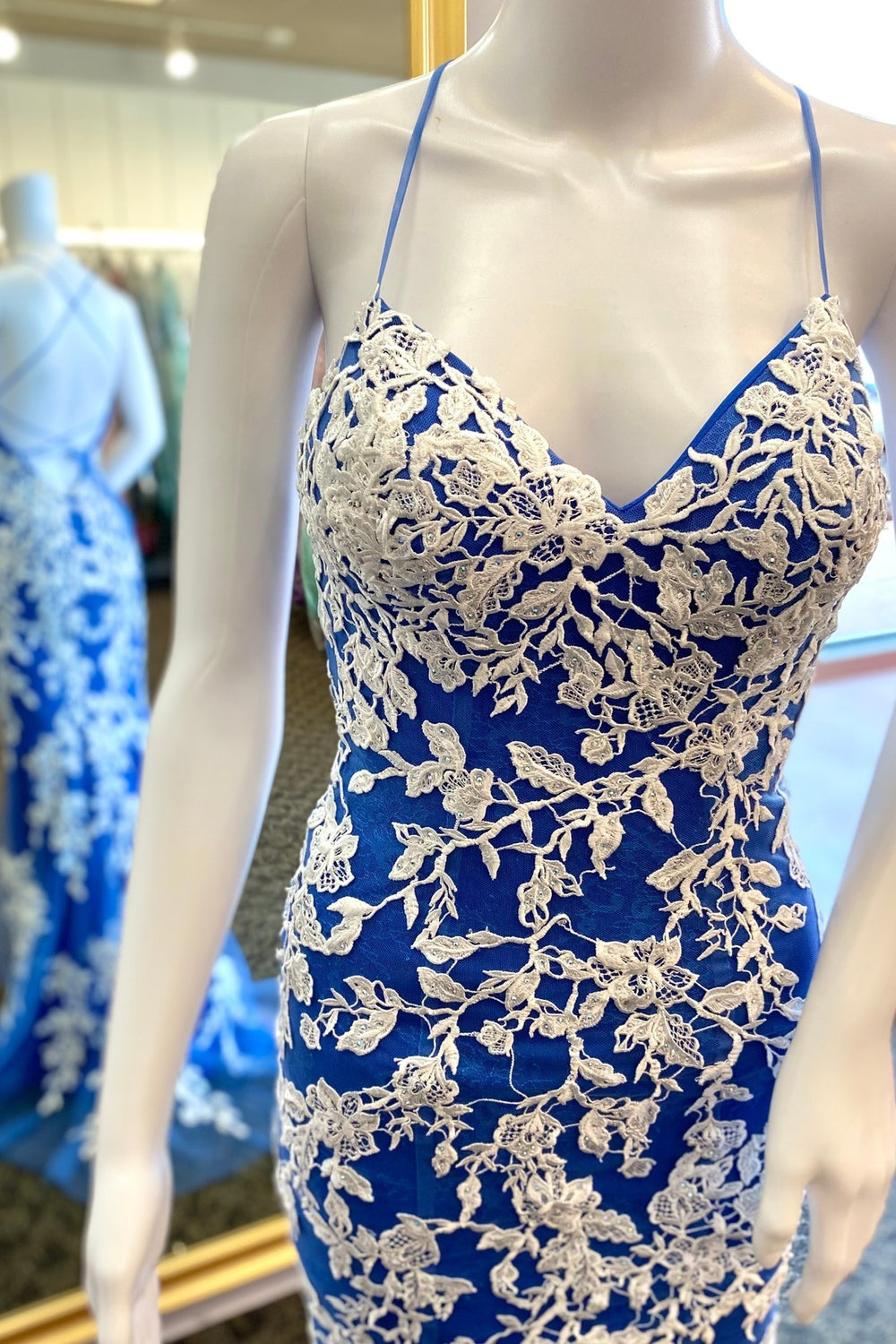 Royal Blue and White Lace Mermaid Formal Dress