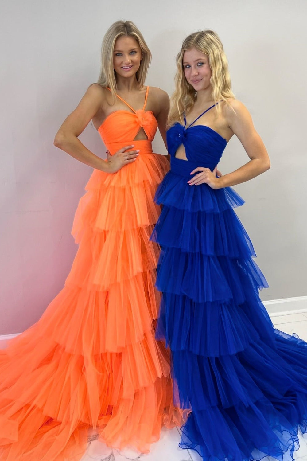 Royal Blue Ruffle Tiered A-line Long Tulle Dress