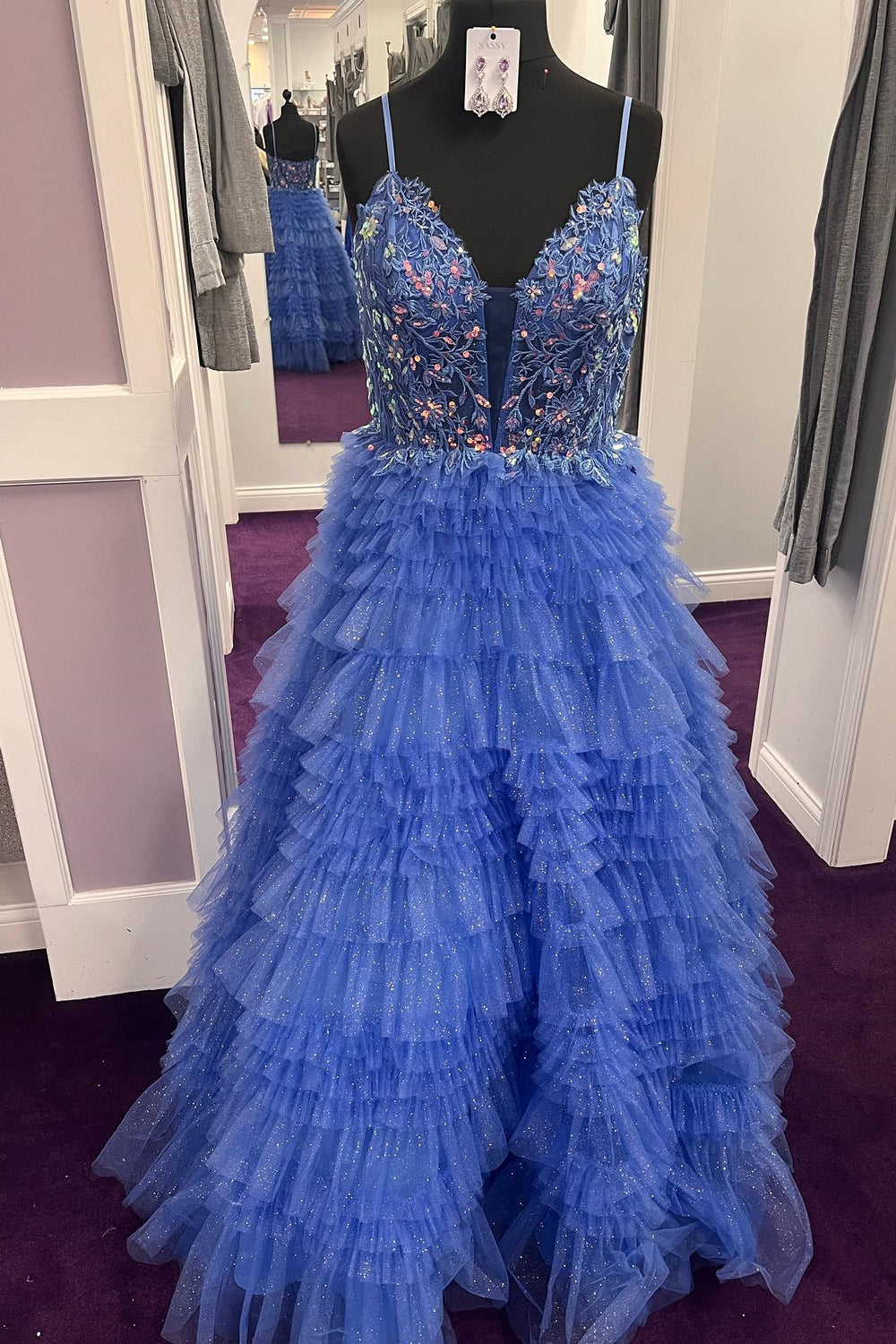 Blue Appliques Ruffles Tiered Long Formal Dress