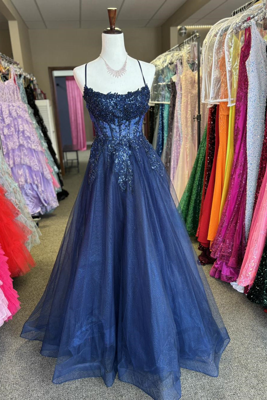 Navy Blue Appliques Tulle Long Formal Dress