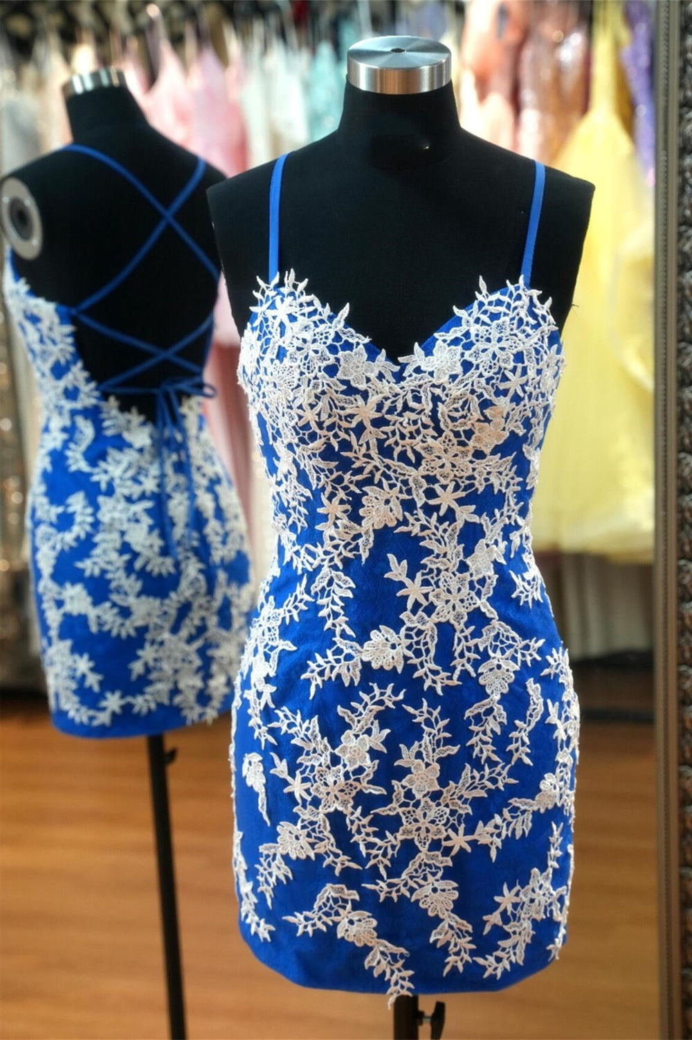 Royal Blue Tulle and White Appliques Tight Mini Dress