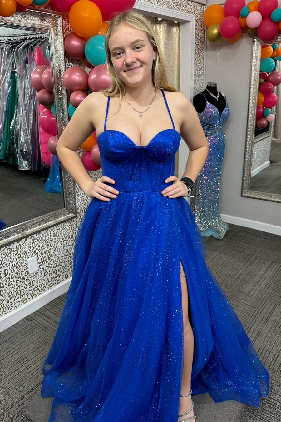 Royal Blue Sparkle Tulle Long Formal Dress with Slit