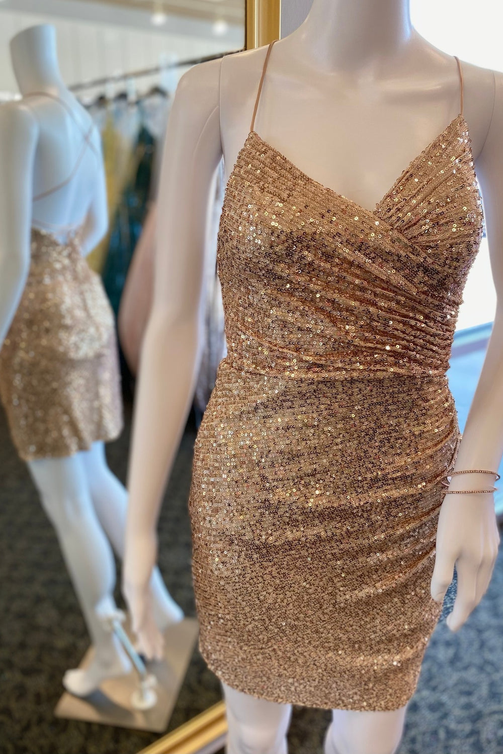 Ruched Golden Sequin Tight Short Dress