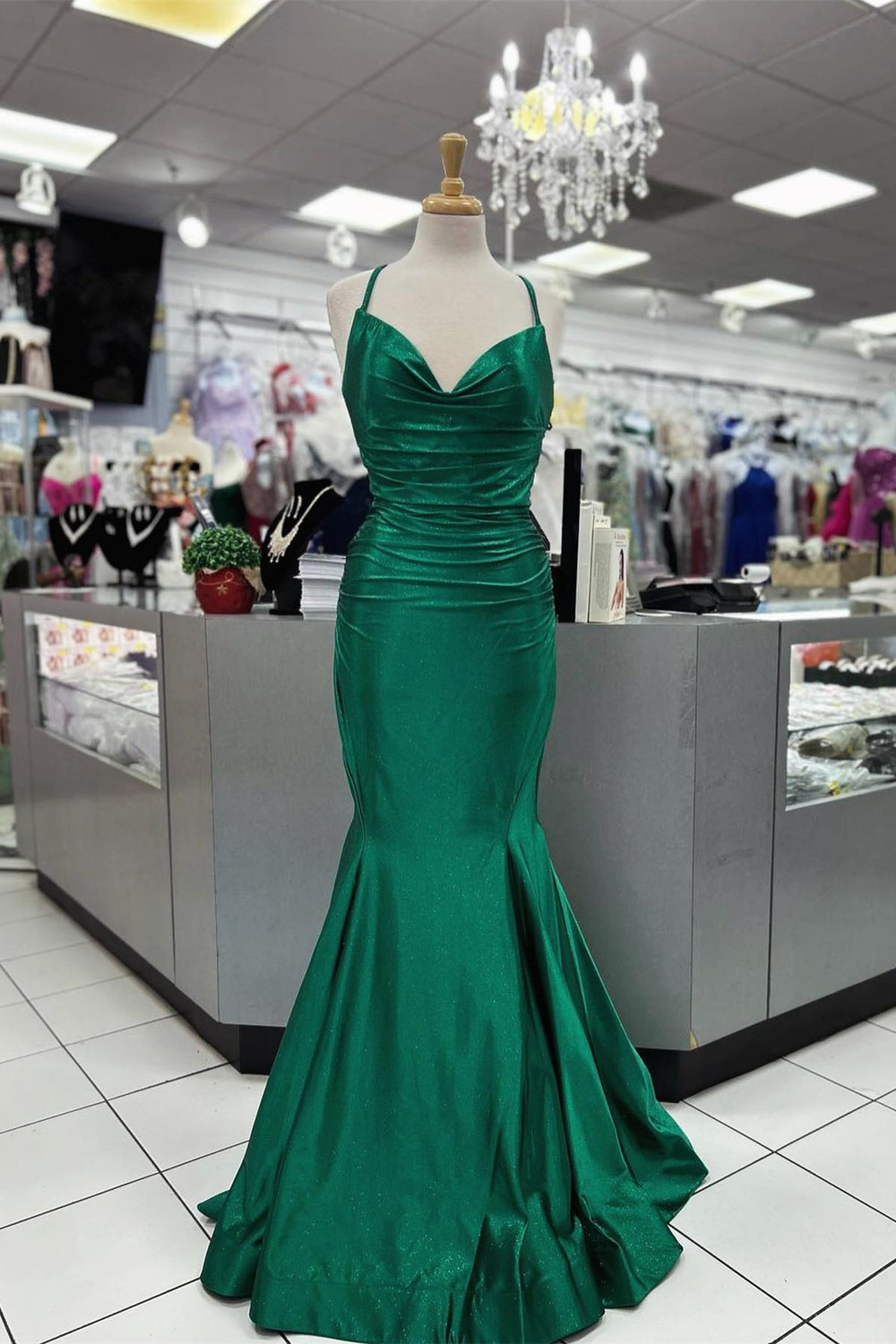 Ruched Emerald Green Satin Mermaid Formal Dress