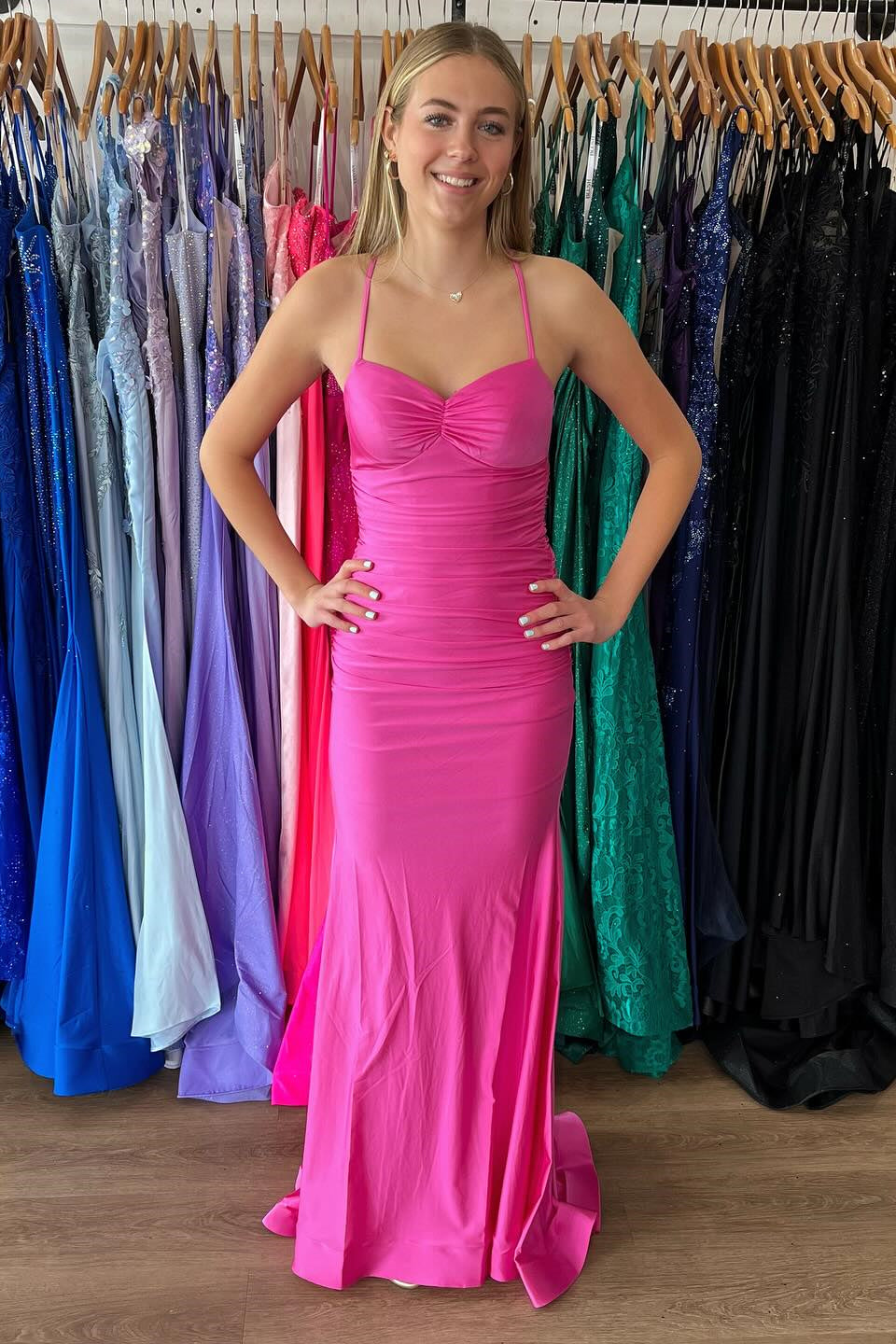 Ruched Fuchsia Satin Mermaid Long Formal Dress