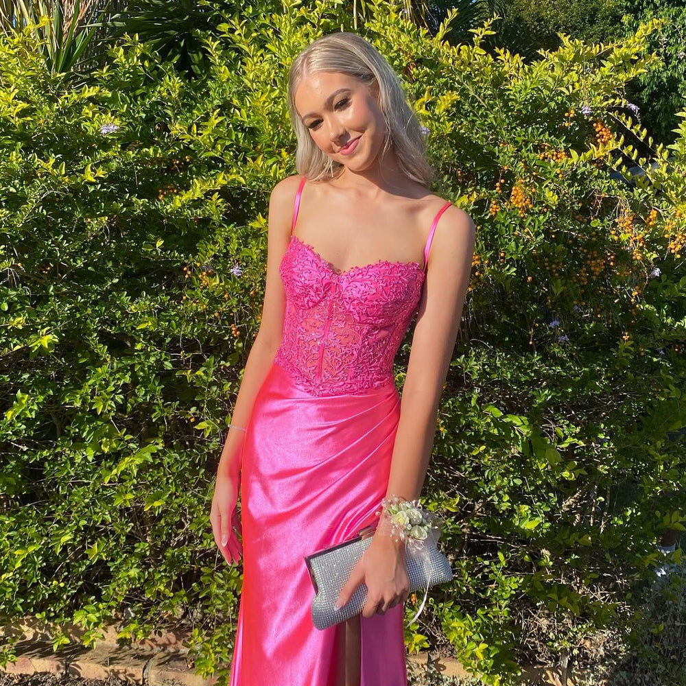 Ruched Hot Pink Lace Appliques Long Formal Dress PollyBoutique Ruched Hot Pink Lace Appliques Long Formal Dress PollyBoutique