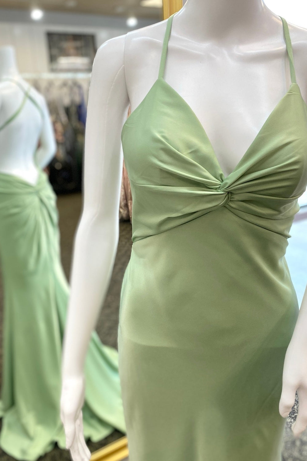 Ruched Sage Green V Neck Long Formal Dress