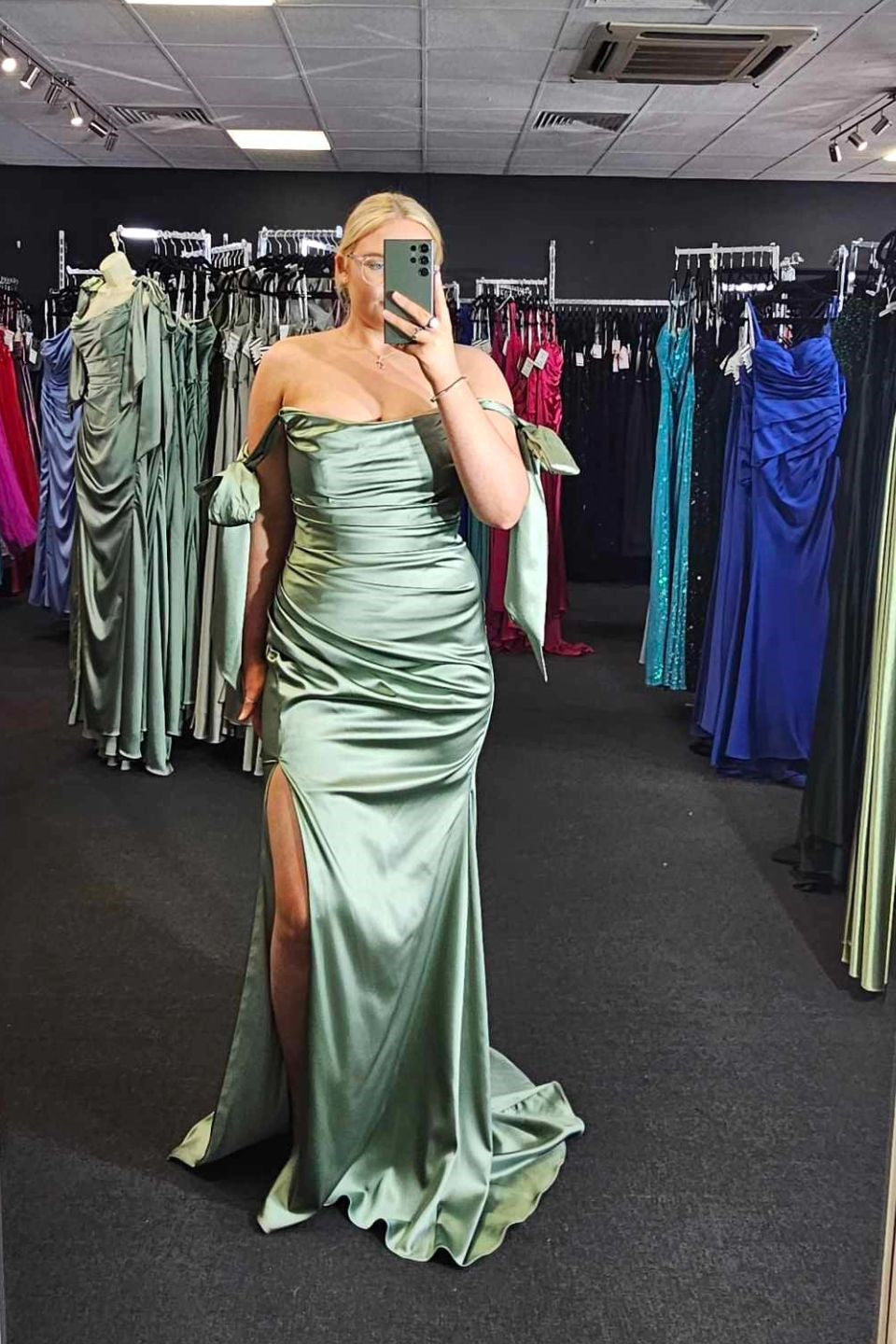 Ruched Sage Green Sheath Long Prom Dress