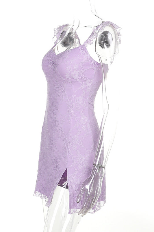
                      
                        Ruffle Sleeve Purple Lace Short Dress with Slit
                      
                    
