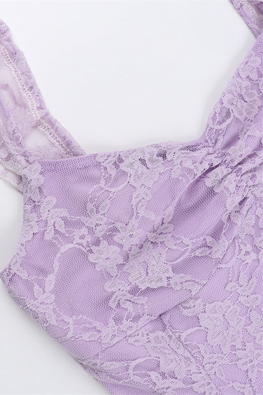 
                      
                        Ruffle Sleeve Purple Lace Short Dress with Slit
                      
                    