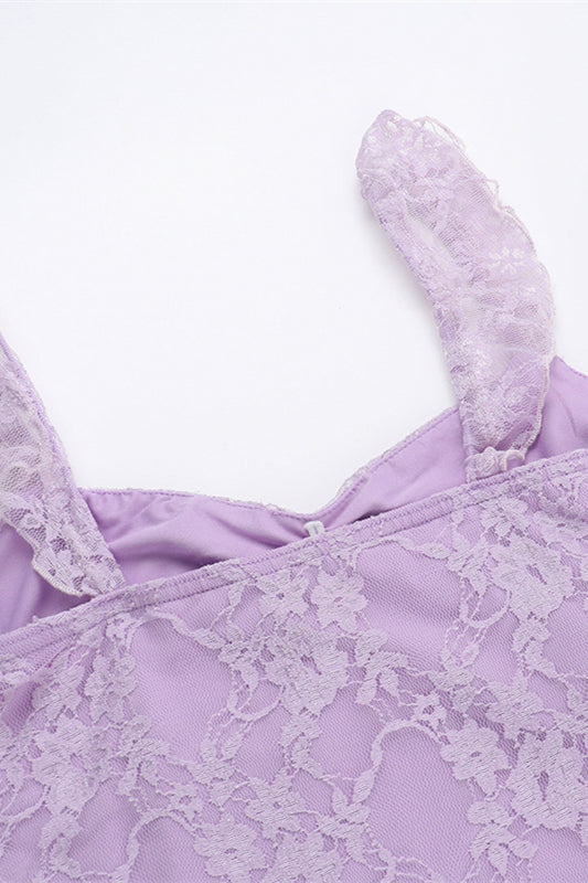 
                      
                        Ruffle Sleeve Purple Lace Short Dress with Slit
                      
                    