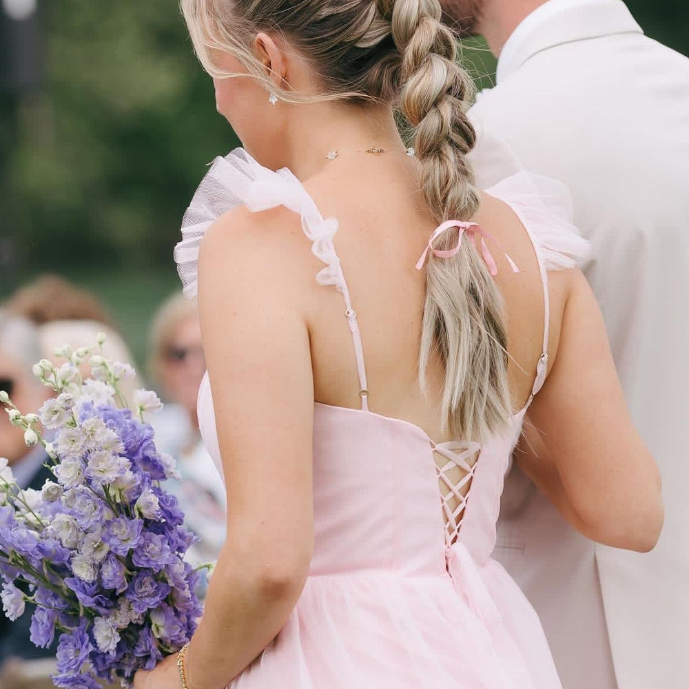 Ruffle Sleeves Pink Tiered Bridesmaid Dresses with Slit – PollyBoutique
