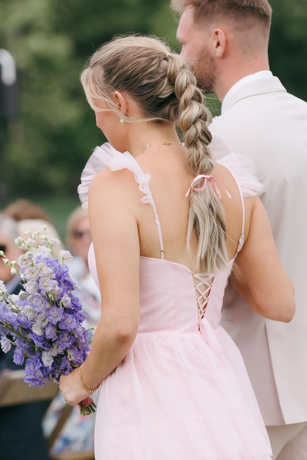 Ruffle Sleeves Pink Tiered Bridesmaid Dresses with Slit – PollyBoutique