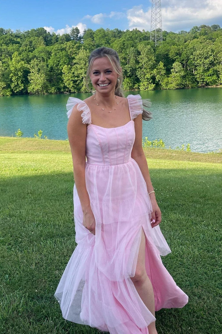 Ruffle Sleeves Pink Tiered Bridesmaid Dresses with Slit – PollyBoutique