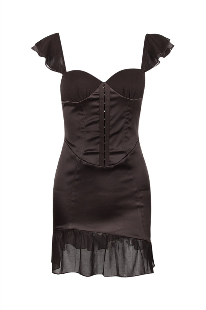 Ruffle Straps Brown Irregular Hem Short Dress