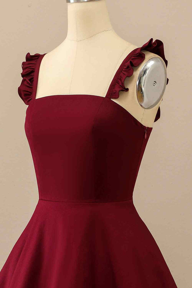 
                      
                        Ruffle Straps Burgundy Short Dress with Pockets
                      
                    