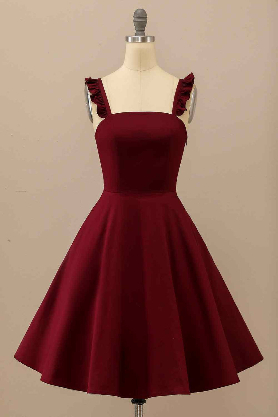 Ruffle Straps Burgundy Short Dress with Pockets