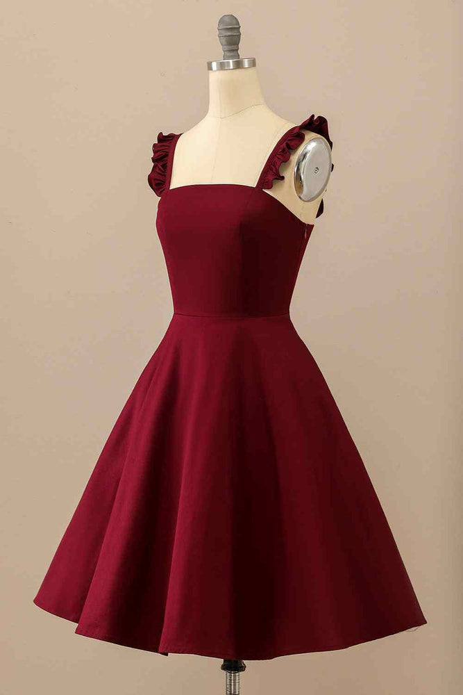 
                      
                        Ruffle Straps Burgundy Short Dress with Pockets
                      
                    