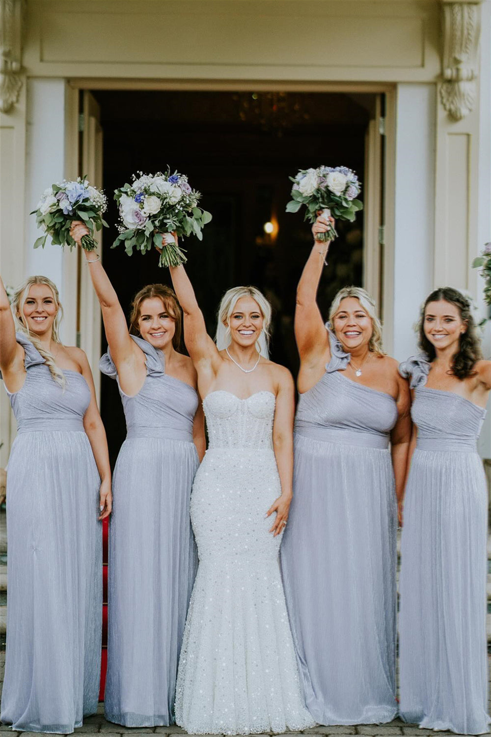 Ruffle Straps Dusty Blue Pleated Bridesmaid Dress