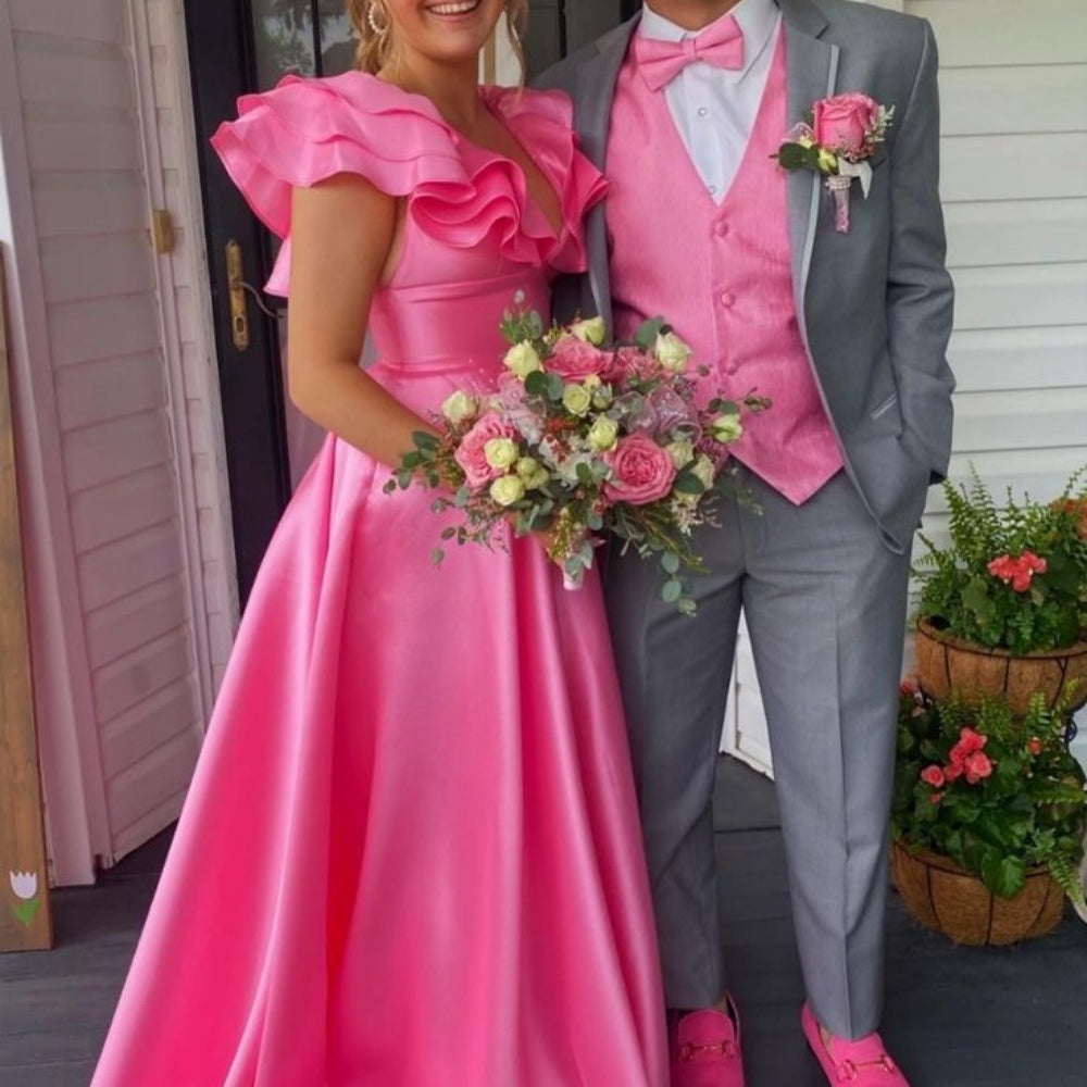 
                      
                        V-neck Pink Ruffle A-line Long Dress with Slit
                      
                    