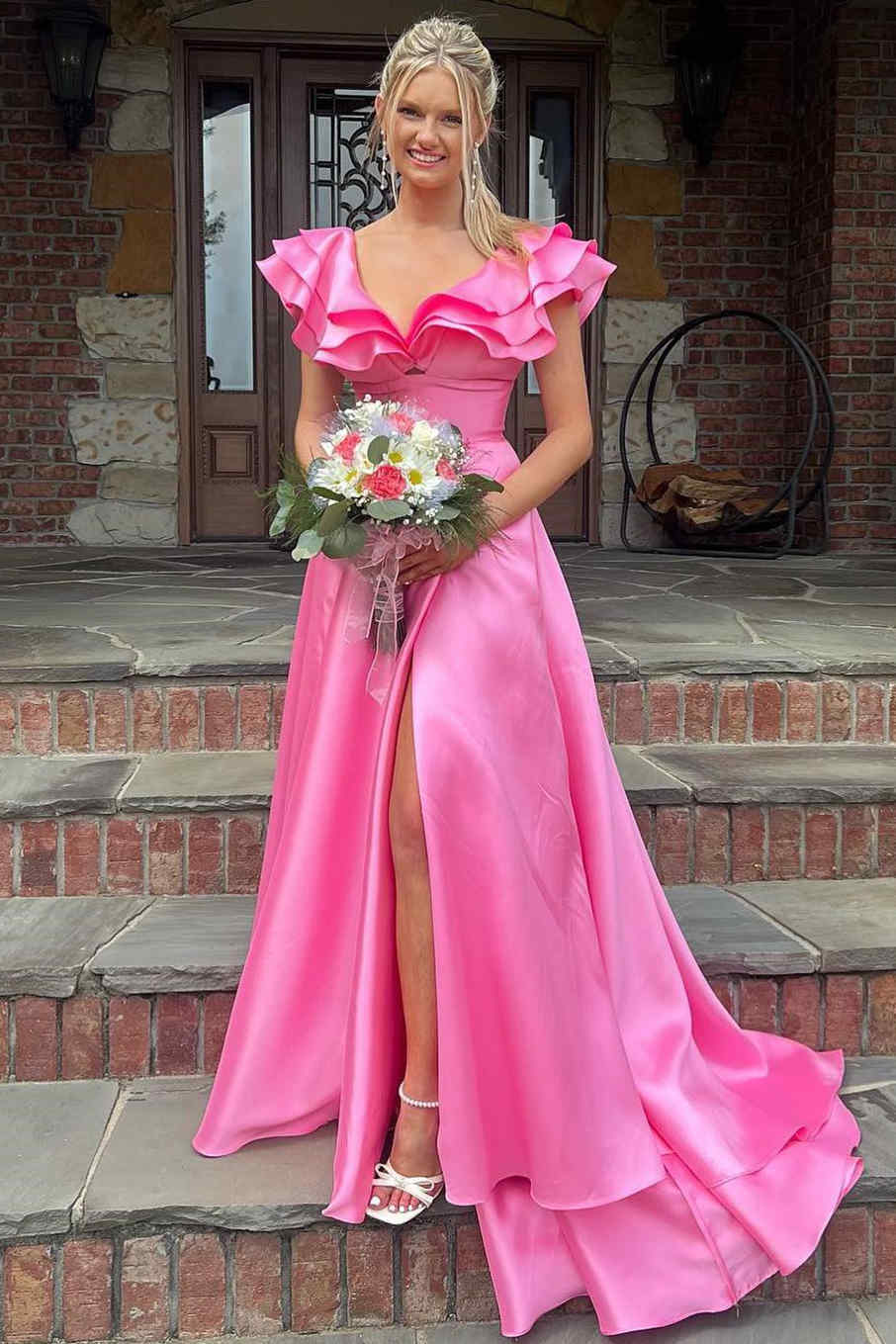 V-neck Pink Ruffle A-line Long Dress with Slit