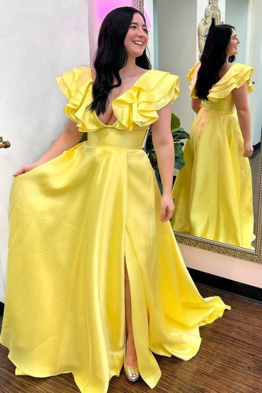 
                      
                        V-neck Pink Ruffle A-line Long Dress with Slit
                      
                    