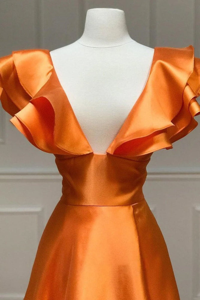 
                      
                        V-neck Pink Ruffle A-line Long Dress with Slit
                      
                    