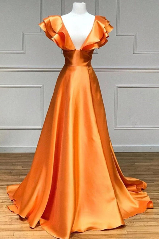 
                      
                        V-neck Pink Ruffle A-line Long Dress with Slit
                      
                    