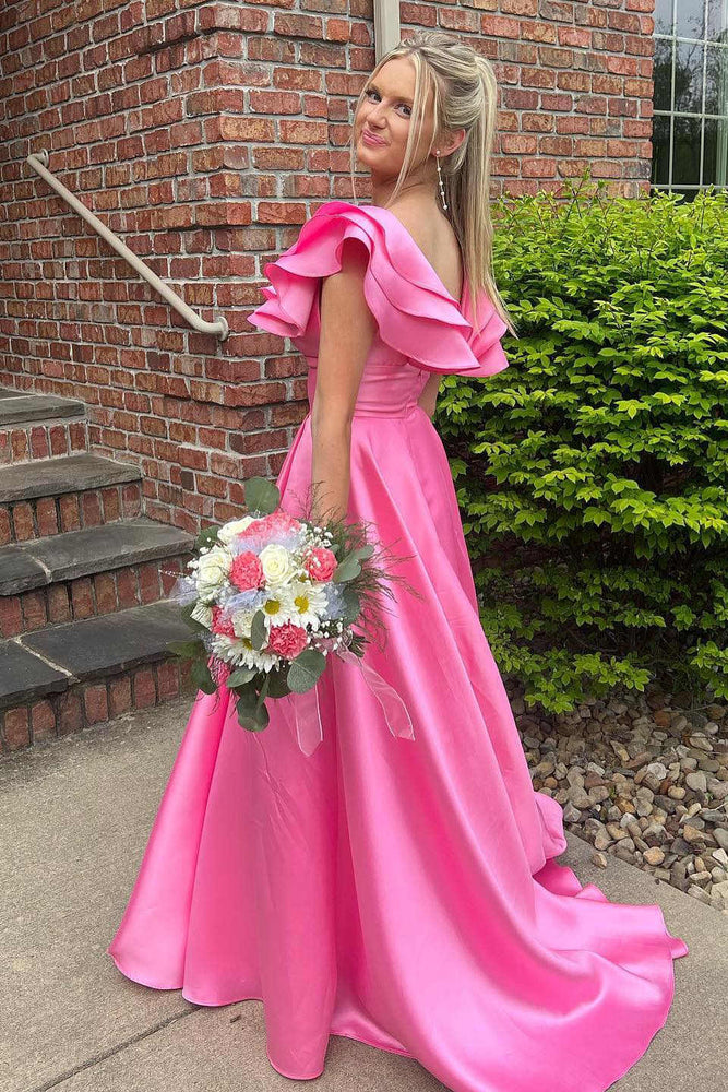 
                      
                        V-neck Pink Ruffle A-line Long Dress with Slit
                      
                    
