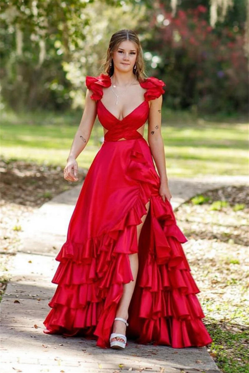 Ruffle Straps Red Tiered Long Dress with Slit